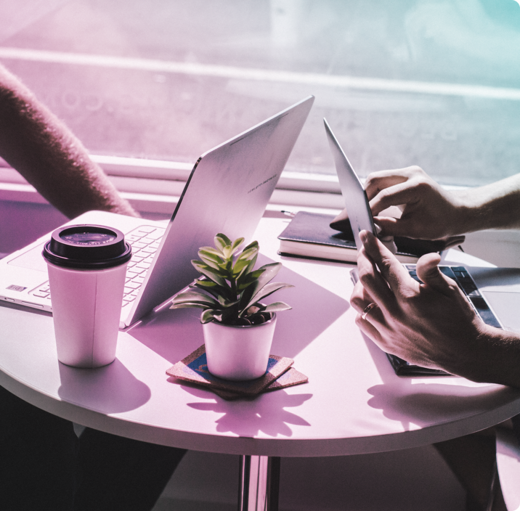 two laptops, a plant and a coffee cup on a table