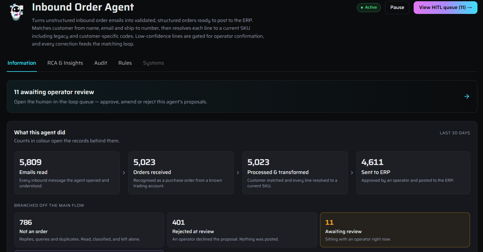 Xfuze Order Intake Agent processing live orders