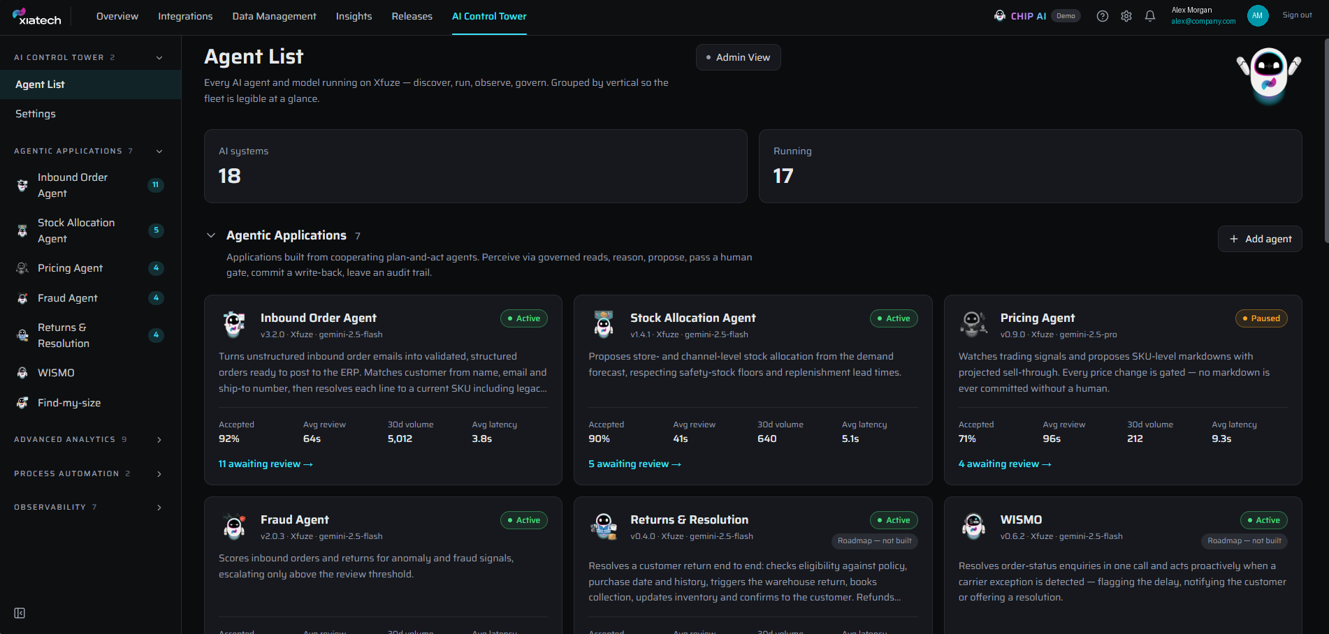 Xfuze AI Control Tower showing every agent in one live view